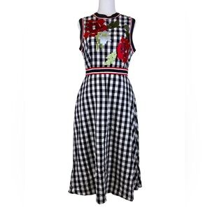 DOLCE & GABBANA BLACK AND WHITE GINGHAM DRESS WITH MULTICOLOR FLORAL EMBROIDERY